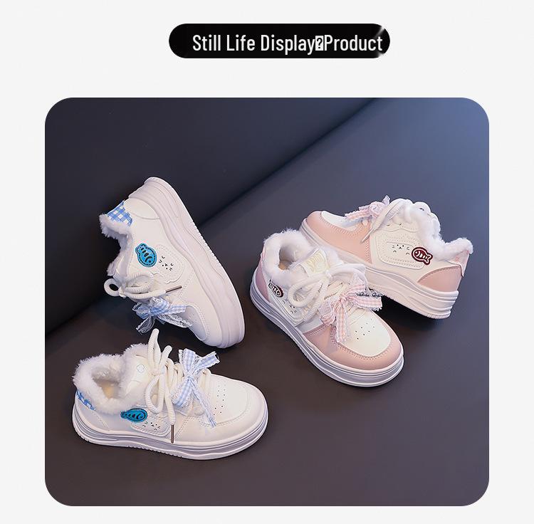 Versatile Children's Winter Plus Velvet Cat-Design Casual Warm Sneakers - White, Women's Sports Flat Shoes