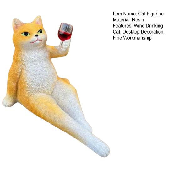 Wine Drinking Cat Figurine Resin Holding Wine Glass Sitting Cat Statue Resin Sculpture Home Office Desktop Decoration Ornament