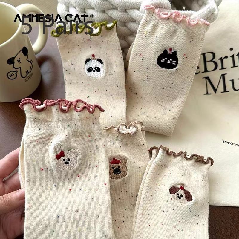 5 Pairs of Lace Mid-calf Socks for Girls In Spring and Summer, Fashionable Bow Tie Stockings, Simple and Sweet, and Student Stack Socks