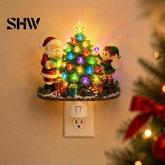 Indoor Holiday Lighting Christmas Santa Elf Decorative Plug-in Night Light, Resin Tree Wall Festive Room Decoration Nightlight, Vintage Xmas Ornament