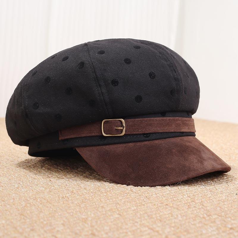 Retro Hong Kong style simple polka dot octagonal hat children autumn and winter fashion versatile painter hat belt buckle color matching cap