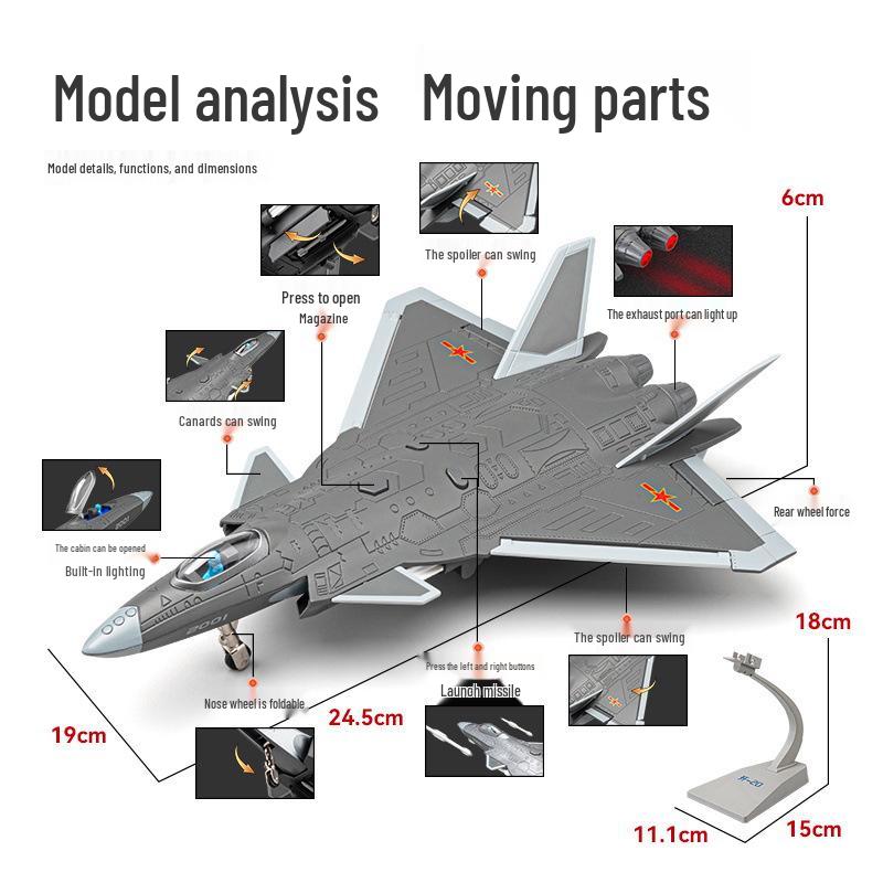 1:84 J-20 Stealth Fighter Alloy Model Toy with Sound & Light, Pull-Back Action, Folding Wings