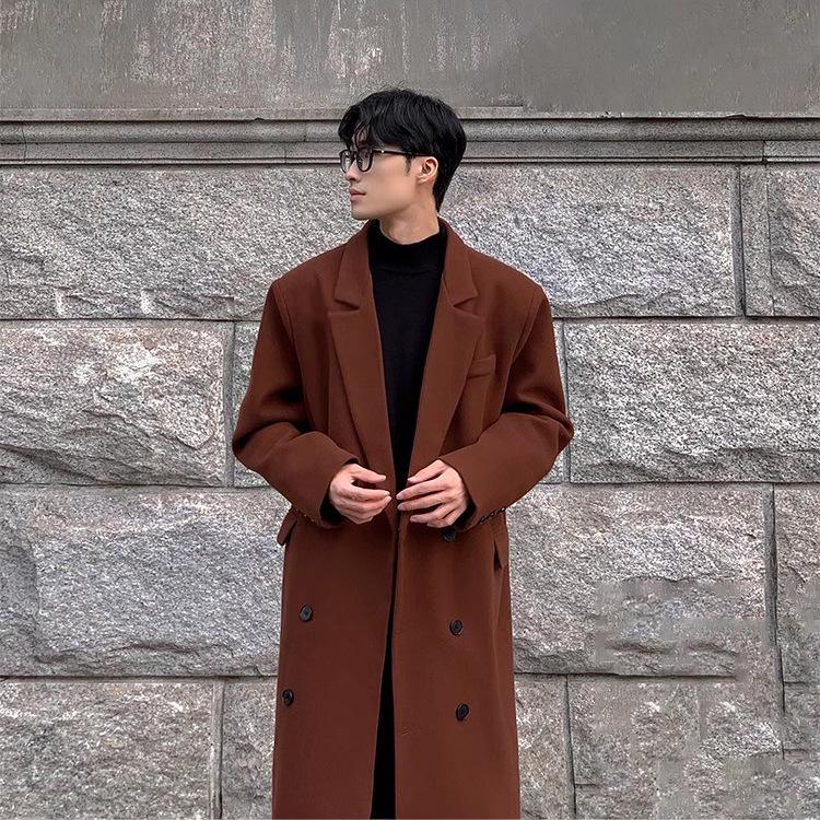 Men's Mid-Length Korean Style Wool Trench Coat - Autumn/Winter, Thickened, Over-the-Knee, Loose Fit