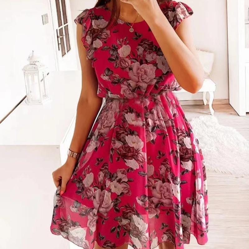 EastRogue Spring and Summer Lotus Short Sleeve Chiffon Print Casual Dress Woman