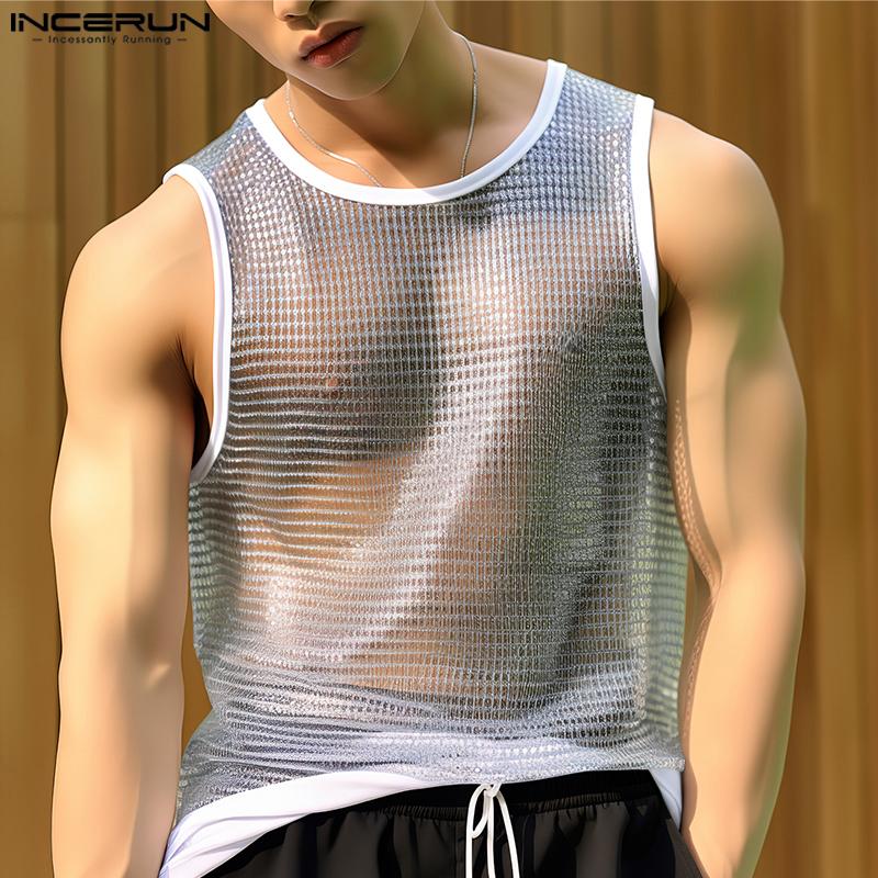 

INCERUN Мужской летний блестящий прозрачный жилет без рукавов, топы, клубная одежда