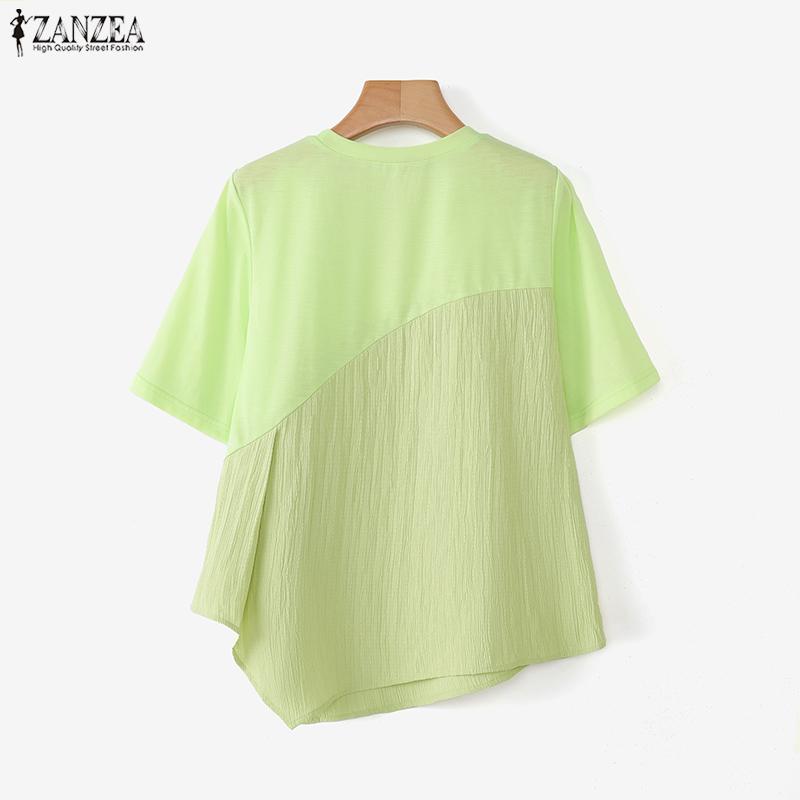 ZANZEA Women Casual Round Neck Short Sleeve Patchwork Irregular Blouse