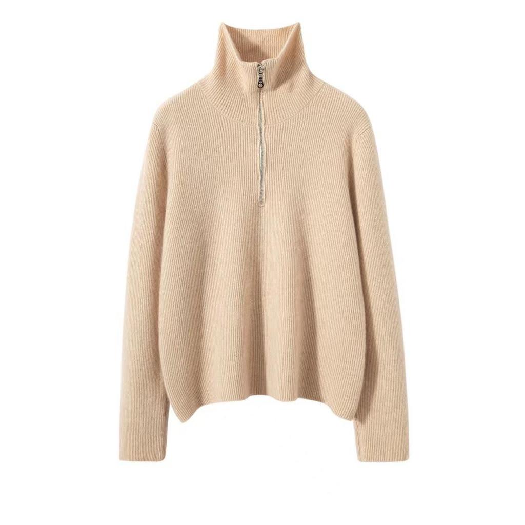 Women's Cashmere Half Zip Polo Neck Long Sleeve Sweater - Autumn/Winter Casual Fashion Knitwear