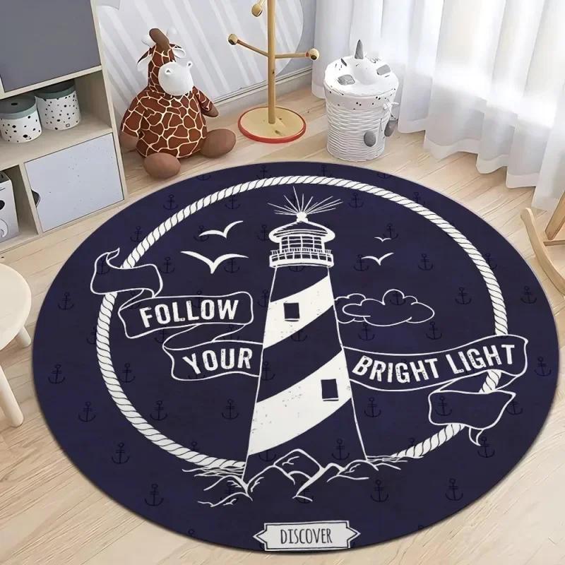 Nautical Style Round Area Rug – Printed Soft Plush Carpet for Living Room or Bedroom – Non-Slip, Machine-Washable Floor Mat