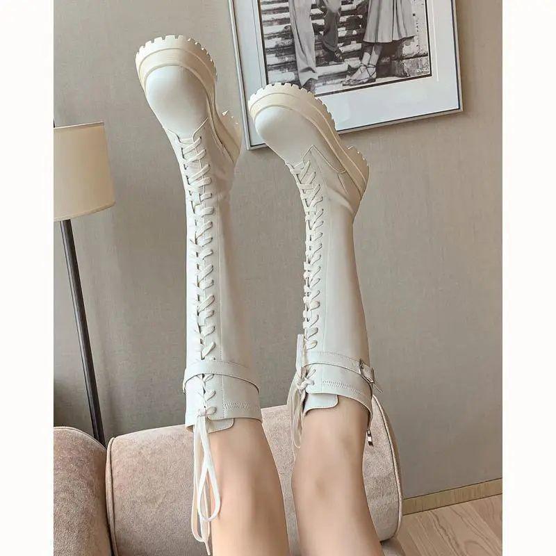 Giant legs long handsome front lace-up solid color knight boots women's new thick sole but knee thin boots high boots tide