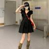 Pink slim V-neck bubble sleeve dress summer new design pleated Spice Girl French short skirt