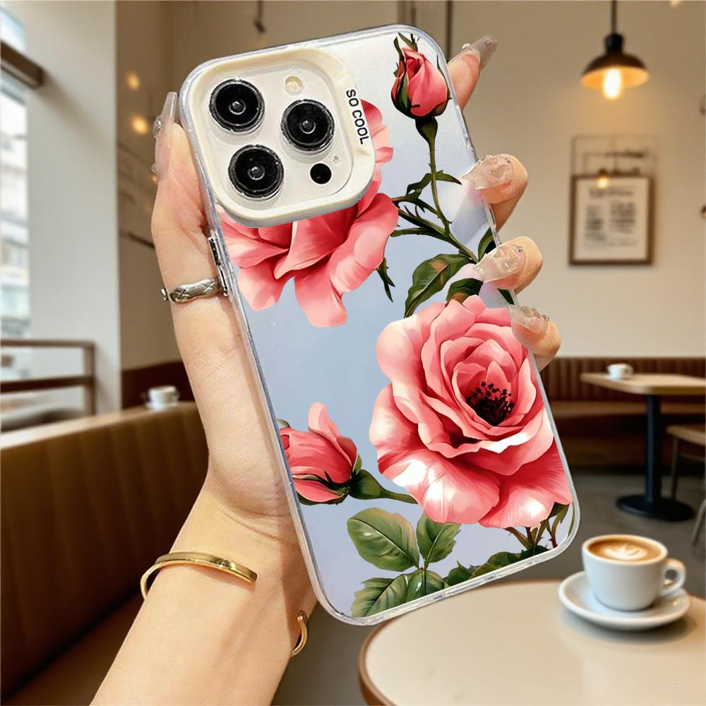 Pink Roses with Green Foliage Shockproof Phone Case for Iphone 16 15 14 13 12 11 Pro Max/Mini Anti-Scratch Premium Hard Cover
