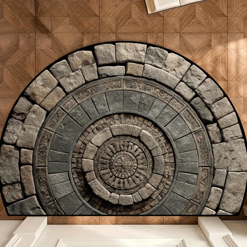 

1Pcs Retro Stone and Wood Grain Half Round Door Mat 2D Flat Non Slip Machine Washable Floor Rug for Entryway Living Room Decor 40X60CM