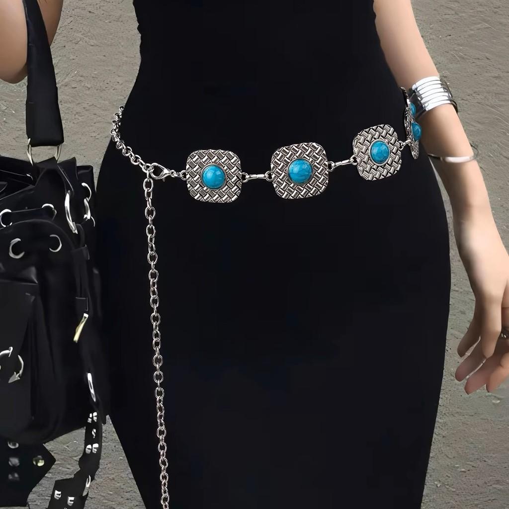 Metal Bohemian Turquoise Floral Waist Chain With Hook For Summer Dress Fashion Accessory
