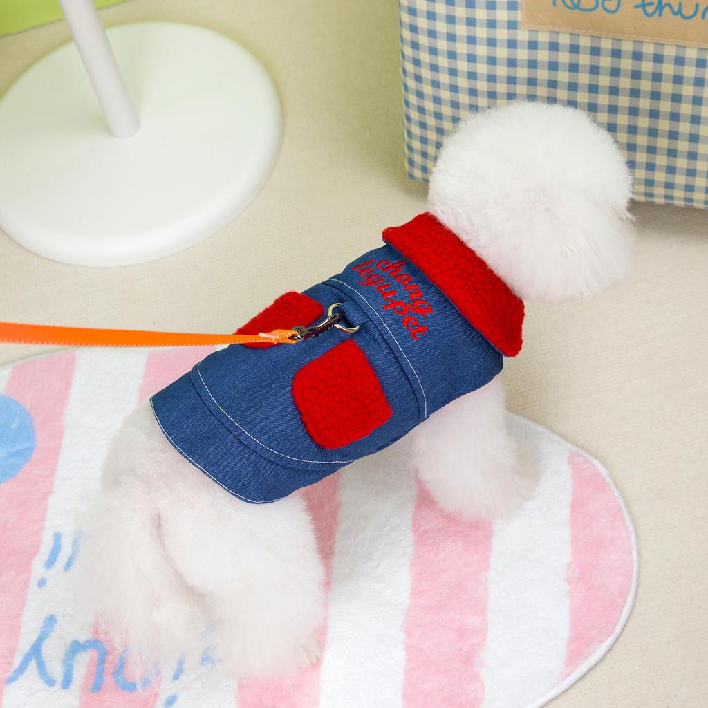 Pet dog clothes autumn and winter thickened warm denim cotton-padded clothes with traction ring vest