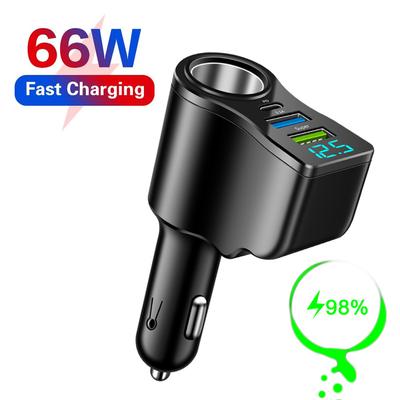 4 In 1 66W Car Charger Super Fast Charging Socket Splitter USB Type-C Car Charger Voltage Digital Display For iPhone Huawei