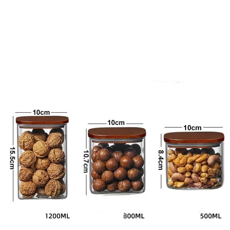 Quality Glass Sealed Canister Kitchen Food Storage Bottles with Walnut wood Lid Jars Grains Tea Leaf Coffee Beans Candy Jar