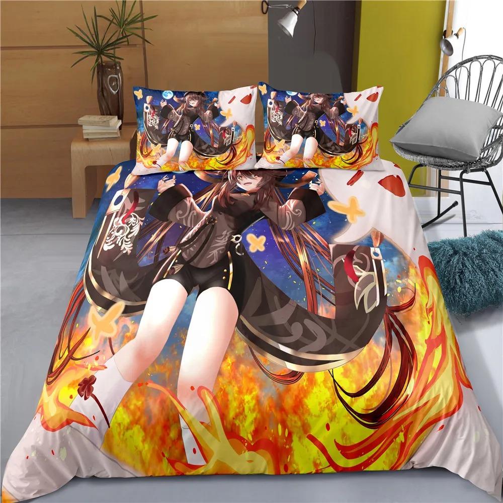Comforter Indecor Genshin Impact Keqing Bedding Set Single Twin Full Size For Kids Adults Bedroom Decor
