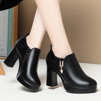 Bequeme, tiefe Mund-Weichleder-Anti-Rutsch-Schuhe Plattform Frühling Damen Block Schwarz High Heels Büro Mutter Schuhe