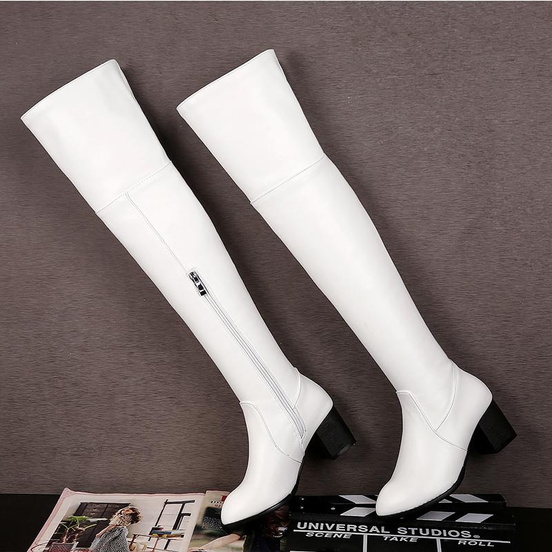 2025 Pure Color Elastic Pu Knee Boots Plus Size Round Toe Thick Heel Side Zipper Warm Inner Sleeve Slip On Long Women's Boots