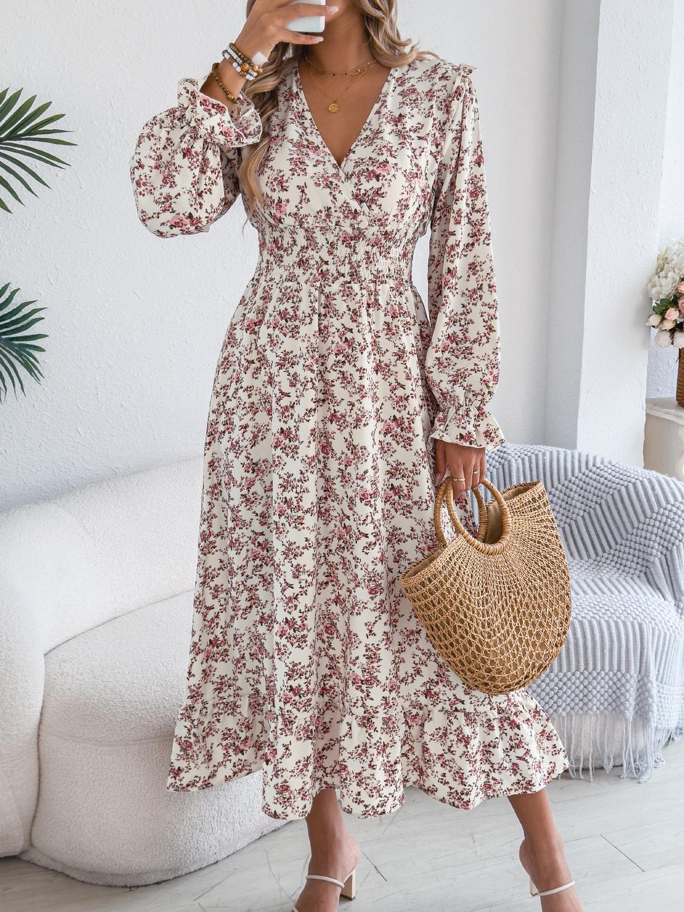 Women Elegant Floral Cross V Neck High Waist Ruffle Long Sleeve A Line Maxi Dress S белый