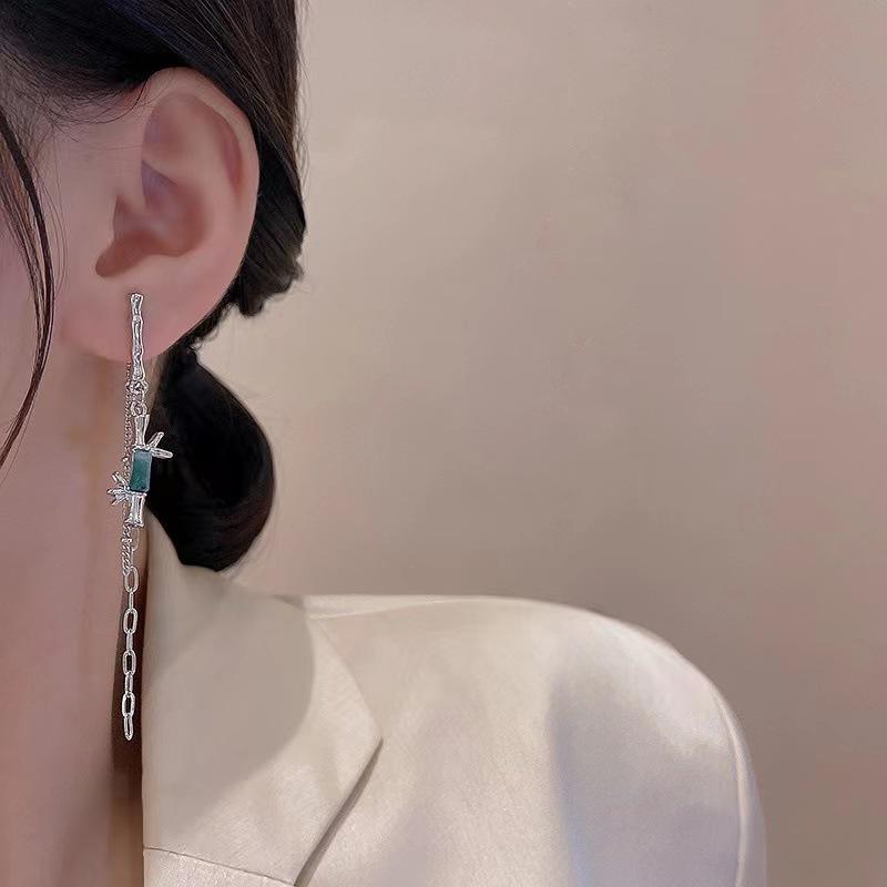 S925 Sterling Silver Bamboo Asymmetrical Earrings - Elegant Ink Wash Design for Versatile Style