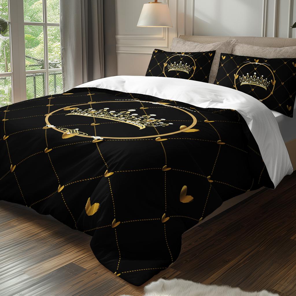 3pcs Luxury Golden Crown Heart Bedding Duvet Cover Set Queen Princess Bedding Quilt Set Elegant Black Golden Themed Bed
