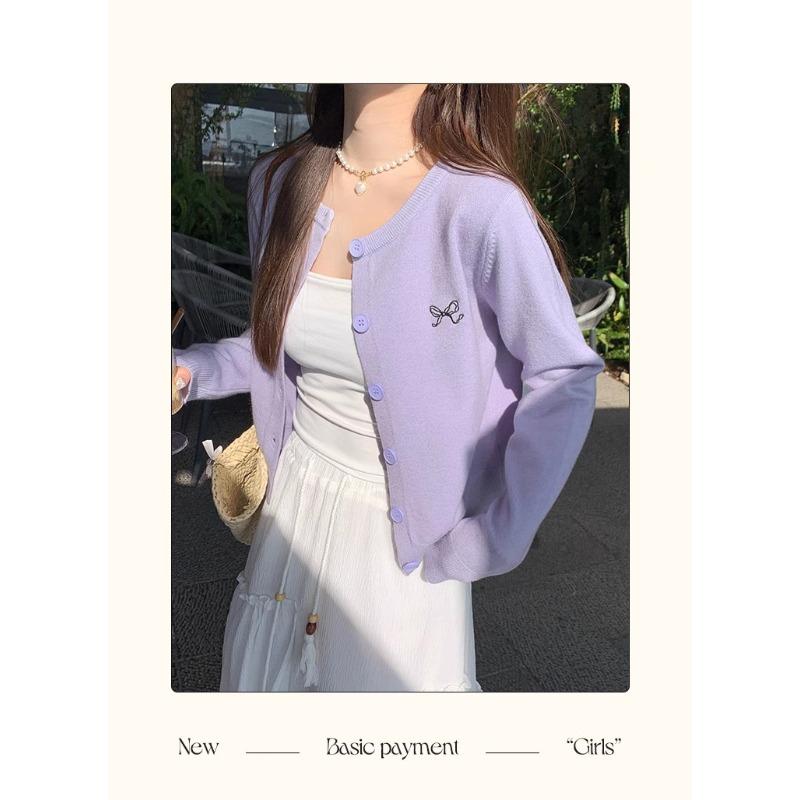 

Sweater Cardigan Jacket Women s Early Spring Bow Embroidery Knitted Purple Top Spring Wear One Size