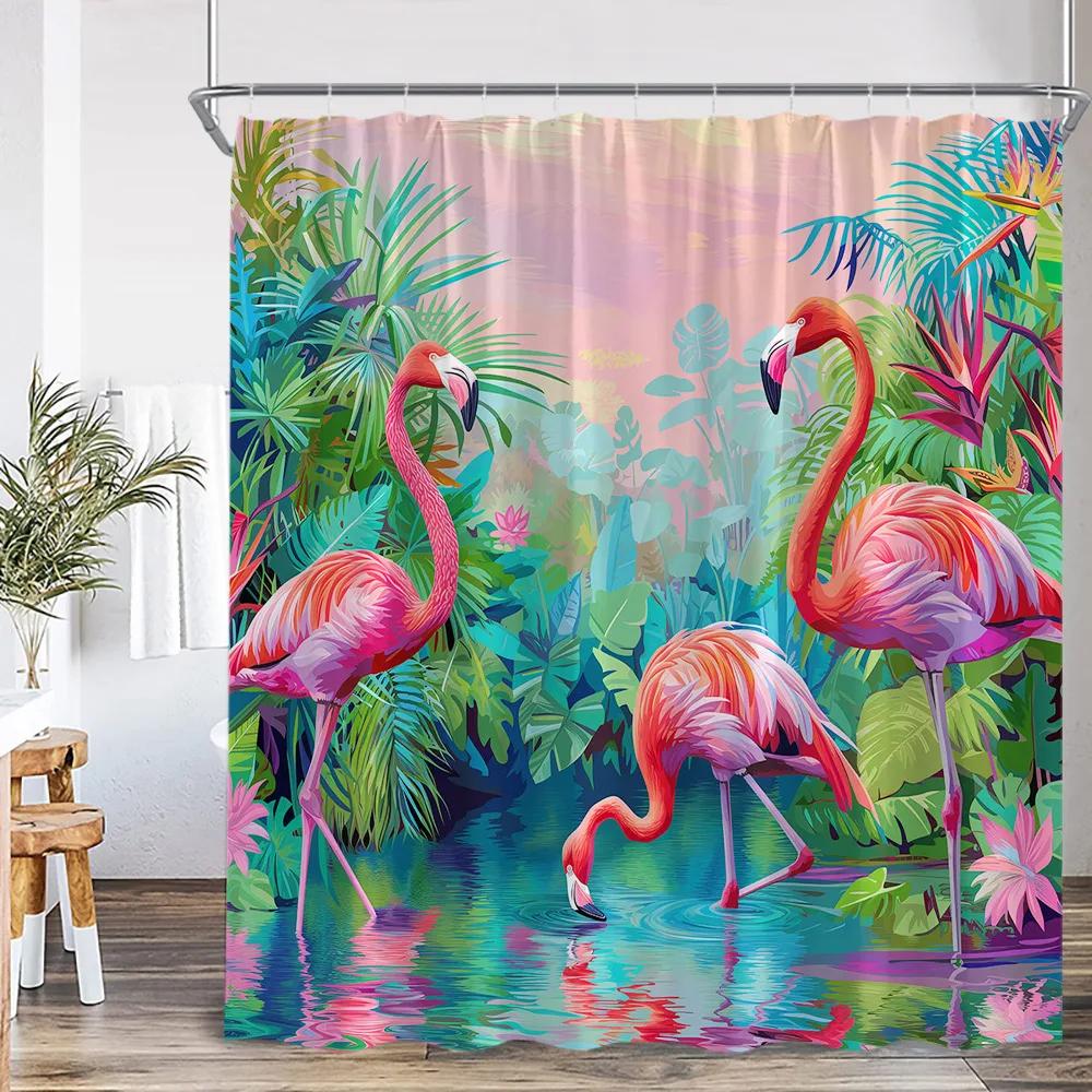 Flamingo Shower Curtain Set Pink Bird Tropical Leaf Rainforest Jungle Bathroom Decor Spring Summer Bath Mat Toilet Lid Cover