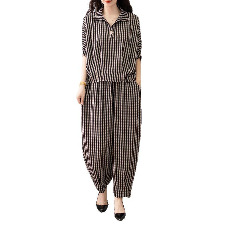 Plus Size Ethnic Style Women's Striped T-Shirt and Joggers Set for Middle-Aged Moms