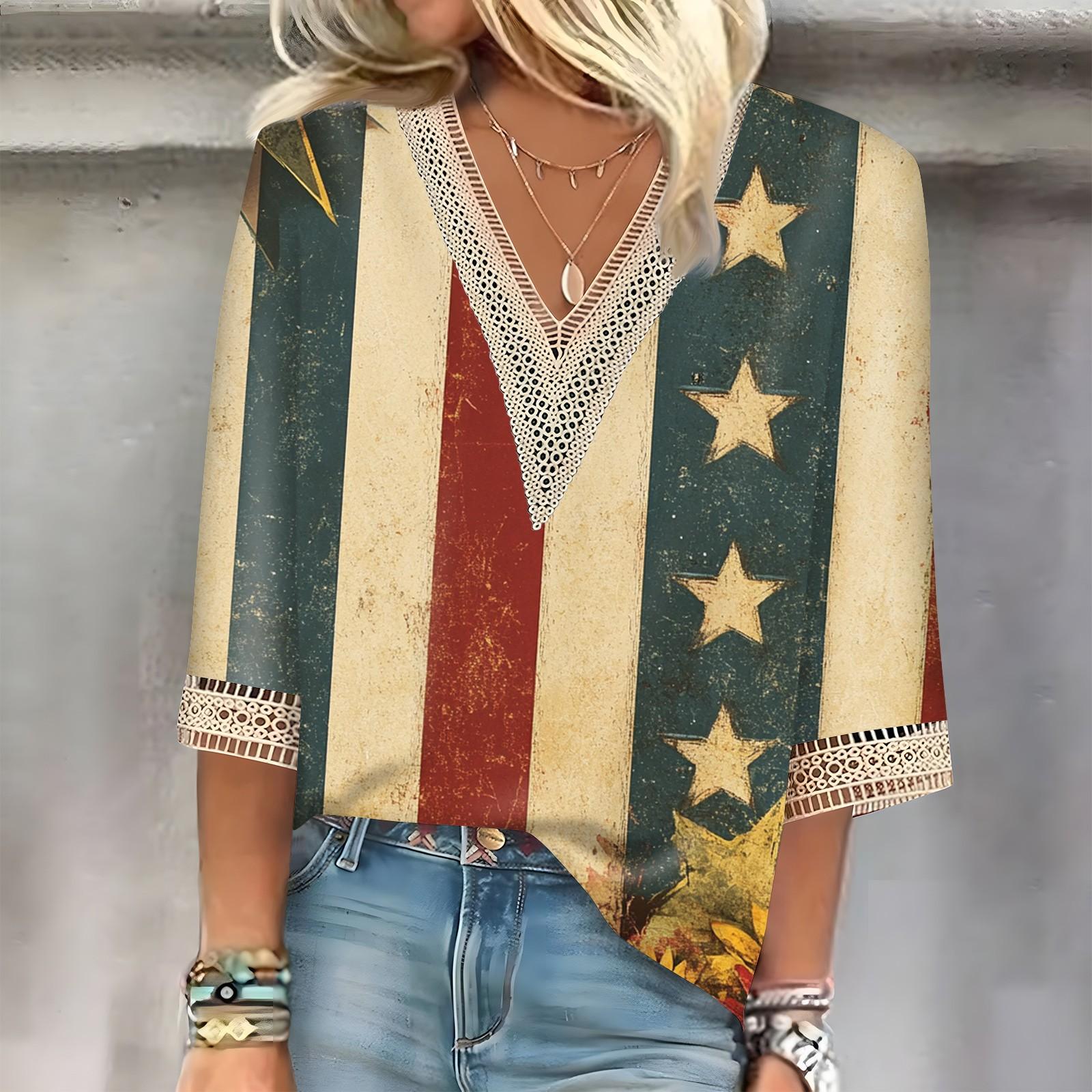 Women s Fashion Casual Lace Seven Sleeve V-Neck Independence Day Printed Top S хаки