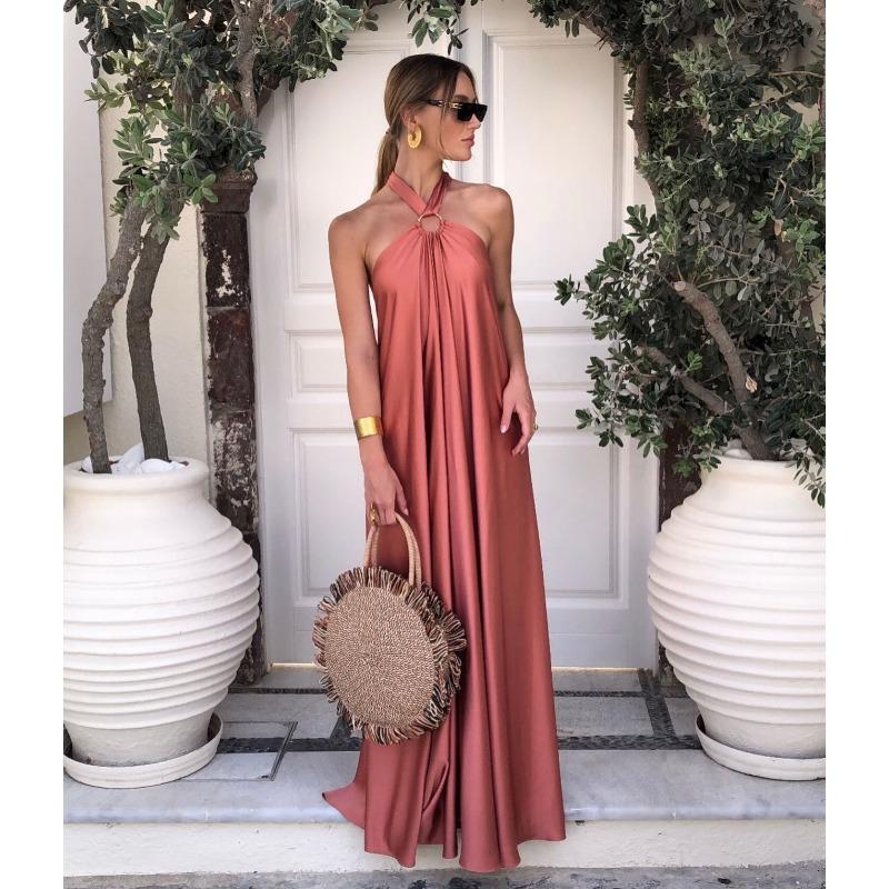 Women's Summer Long Dress Sexy Temperament Sleeveless Loose Satin Women's Halter Dress Fashion Elegant Solid Color A Line Casual Party Dresses