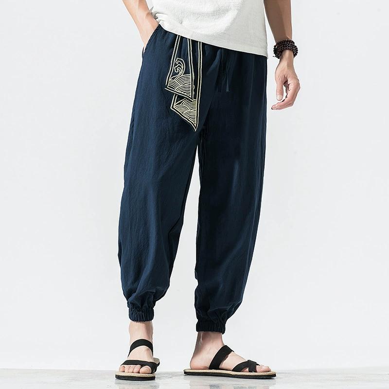 Men Cotton Linen Print Belt Retro Harem Pants Haori Baggy Trousers Harajuku Hip Hop