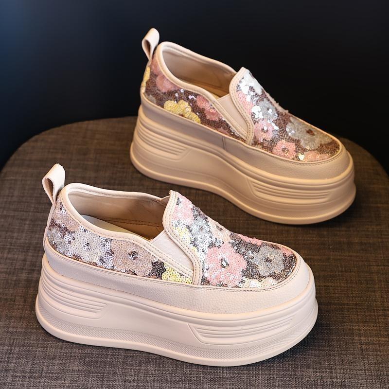 Fashion Ladies Footwear High on Platform Round Toe Slip Sequins Women's Shoes Sale Korean Offer Comfortable and Elegant Vulcanized Shoe