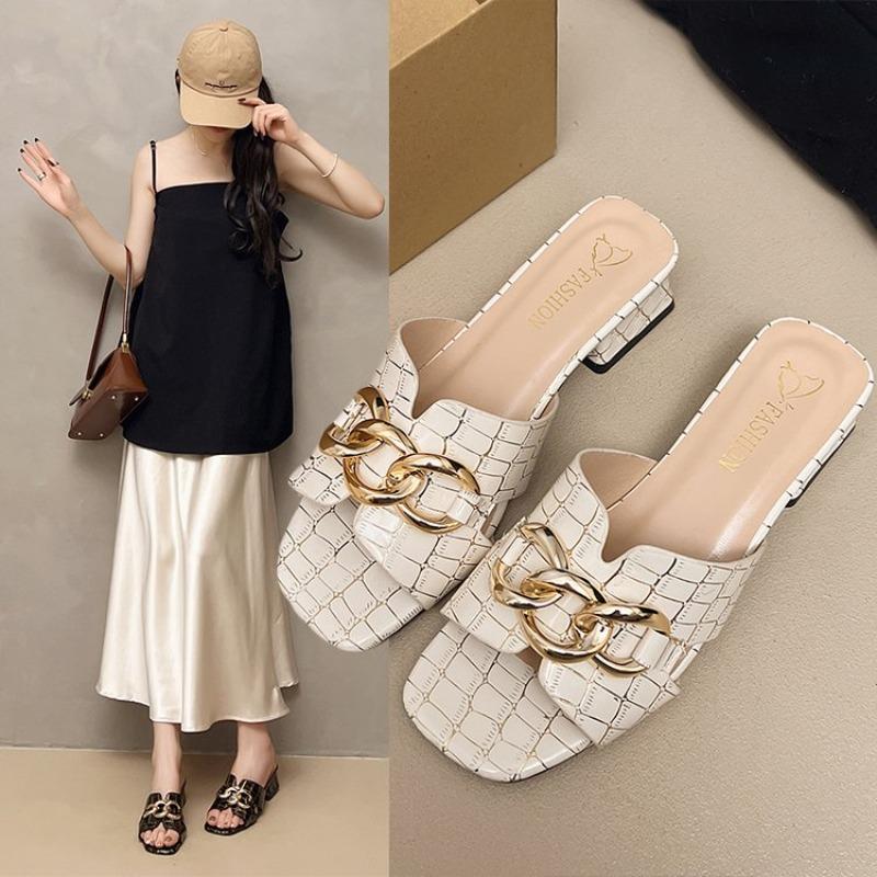 Women Slippers Fashion Sexy Chain Lock Solid Color Plus Size Sandals New Style Roman Style Flat Slippers Outdoor Slides Women