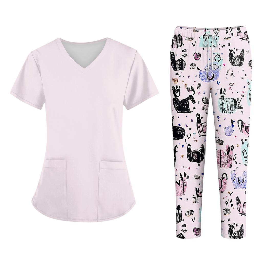 Bedruckte Oberteile für die Arbeitsuniform in Übergröße für Damen, V-Ausschnitt, Halloween-Aufdruck, kurzärmliges Fun-T-Shirt, Workwear-T-Shirt mit Taschen