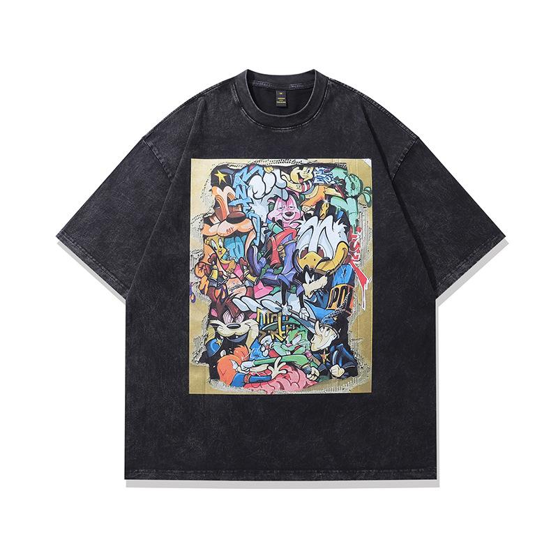 American Retro Black Washed Trend Printed Short-Sleeved T-Shirt Vintage Cotton Loose Top Men