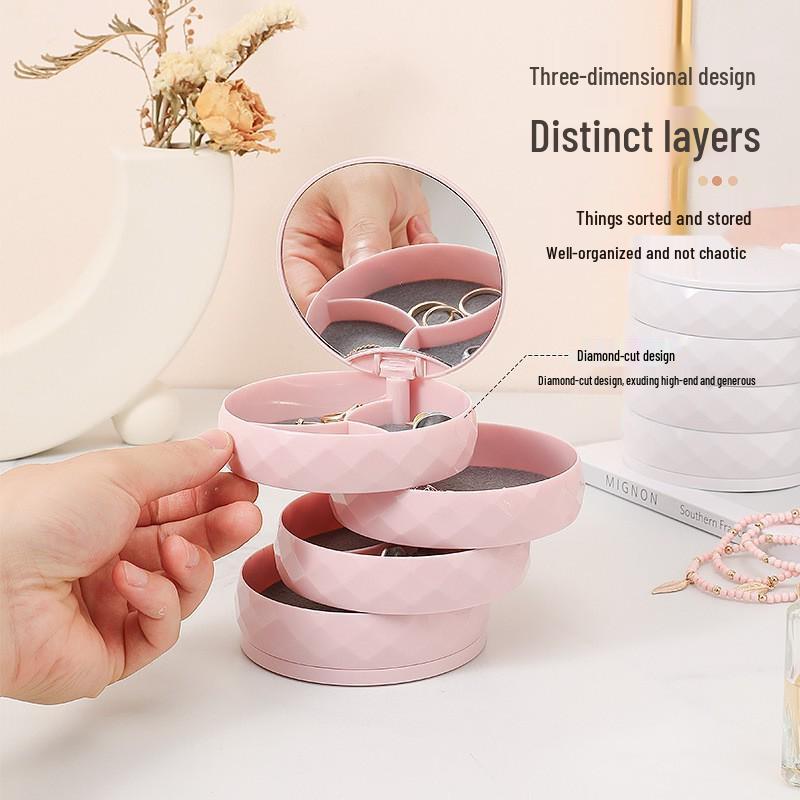 Rotating Jewelry Box, Multi-layer Storage for Earrings & Necklaces with Mirror, Dustproof Design