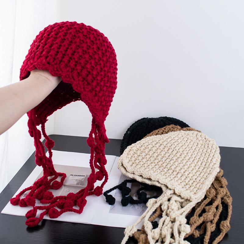 Gorro de Invierno Rojo Tejido a Mano para Mujer - Gorro con Borla para Protección de Orejas, Regalo de Navidad, Gorra de Viaje Holgada de Moda con Cuerda