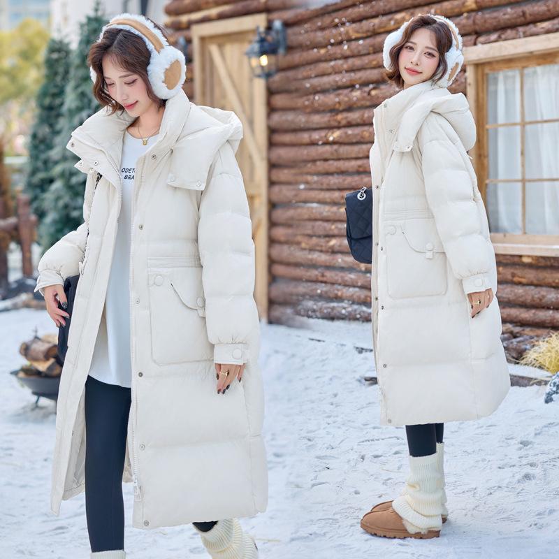 Women's High-End Extra Long White Duck Down Hooded Coat with Large Pockets - YJ6852