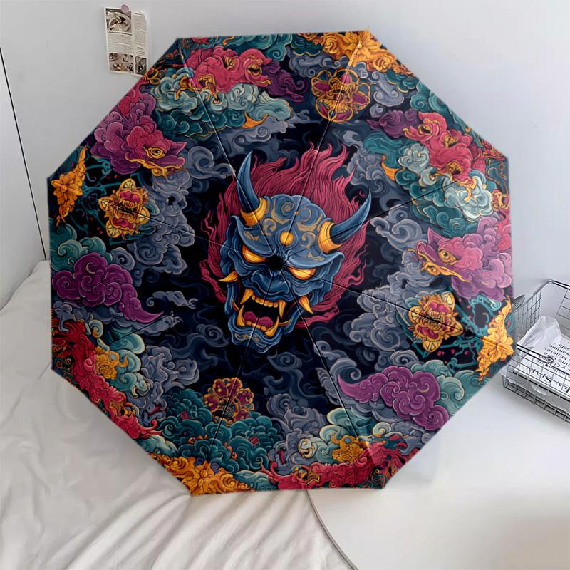 Demon Pattern, Automatic Folding Umbrella, Portable and Foldable Design, 8 Ribs, a Christmas or Birthday Gift.