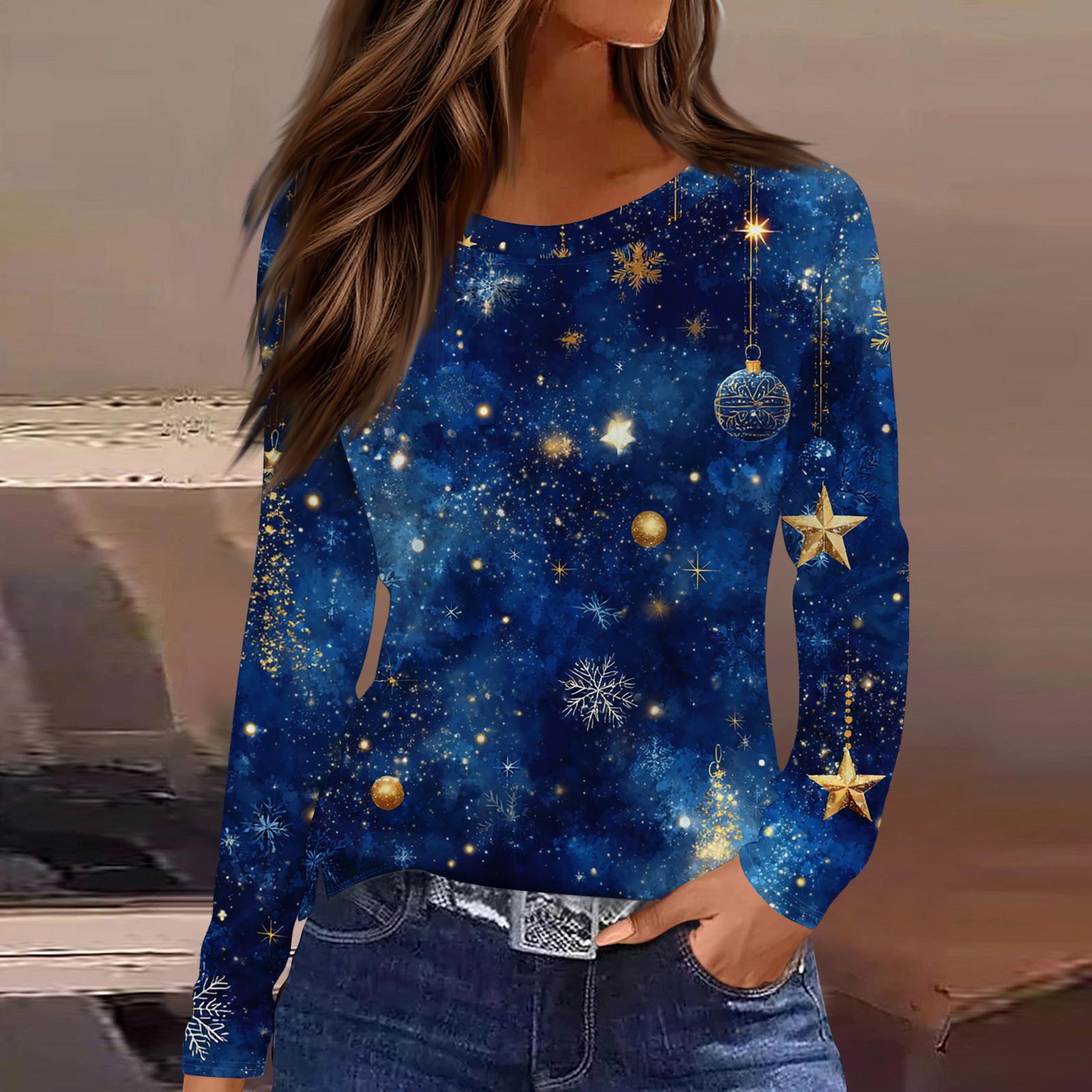 

Женская модная повседневная футболка с разрезом по низу, круглым вырезом, длинными рукавами, свободного кроя, с рождественским принтом, женский топ S