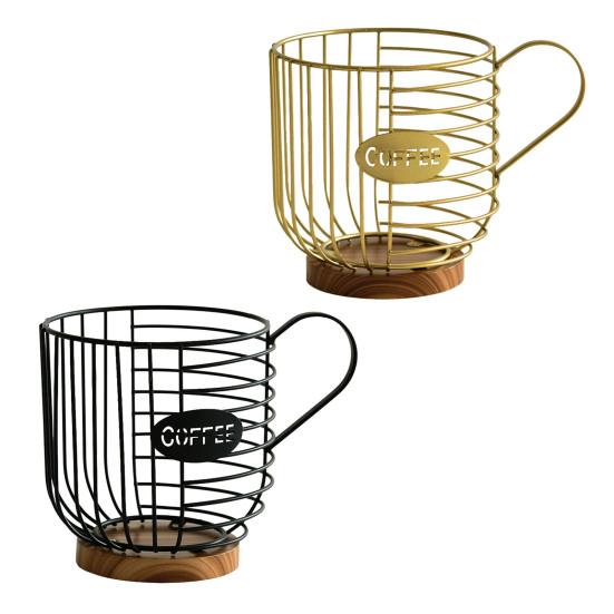 Metal Wire Cup Storage Basket with Wooden Base Coffee Mug Shape Hollow Out Organizer for Home Cafe Bar Countertop Kitchen Decor