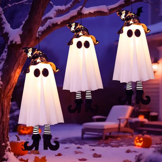 Halloween Hanging Ghosts with Witch Hat Glowing Ghost Witch Hat Lights Creepy Garden Yard Party Decorations