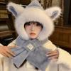 Autumn and winter new warm plush scarf hooded plush thickened cute bear hat scarf integrated two-piece set for women