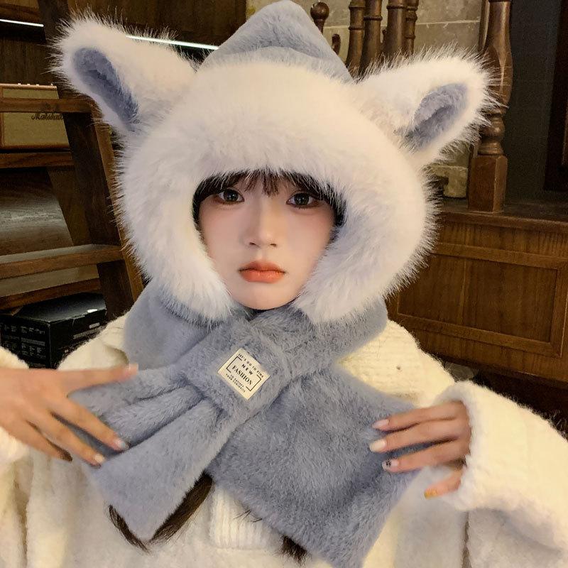 Autumn and Winter New Warm Plush Scarf Hooded Plush Thickened Cute Bear Hat Scarf Integrated Two-piece Set for Women