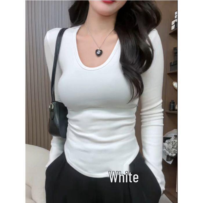 Tricou de catifea cu gât U, mâneci lungi încrețite - Chic subțiere pentru toamnă/iarnă