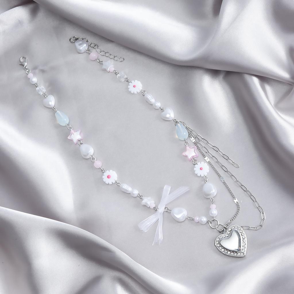 Dopamine Love Pendant Necklace Sweet Mori Collarbone Chain Xiaohongshu Bow Item Jewelry Women