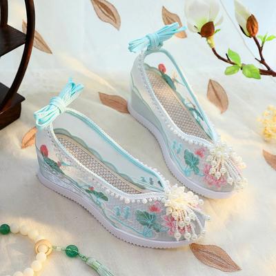 Modische Bihe Hanfu Schuhe, bestickte Schuhe mit Einlegesohlen zur Höhenvergrößerung, Netz-Schuhe im antiken Stil, Schuhe und Tanzschuhe im antiken Stil