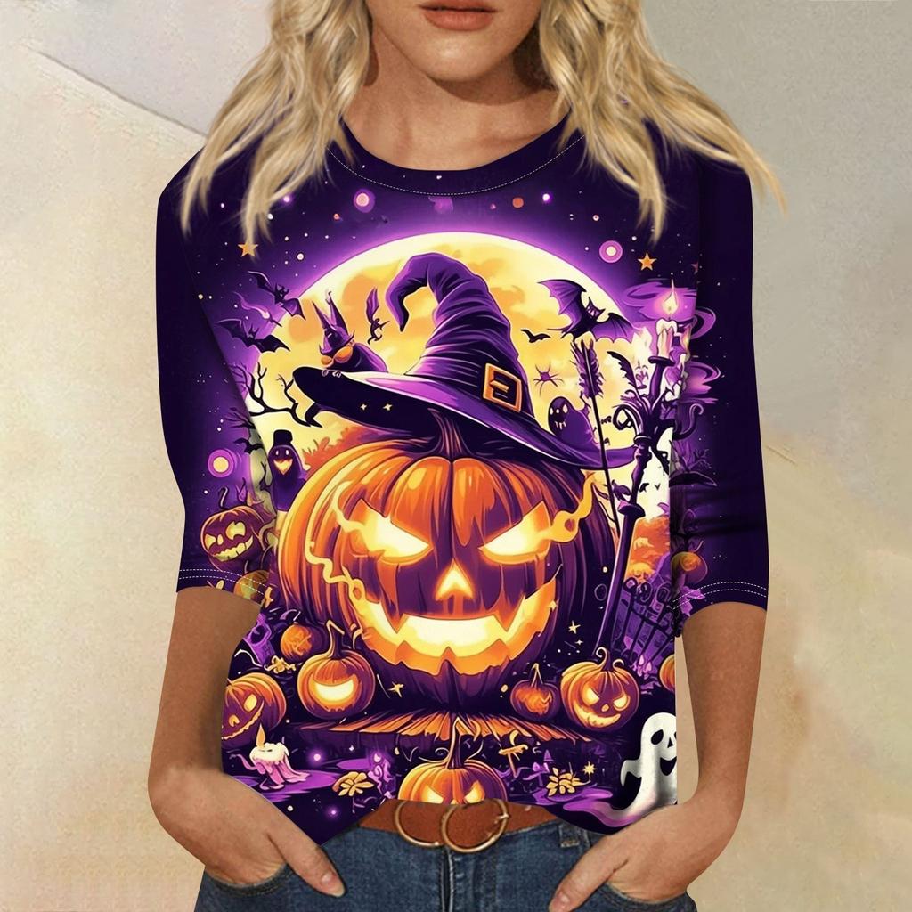 Women's Fashion Casual Three-quarter Sleeve Halloween Printed Round Neck Top