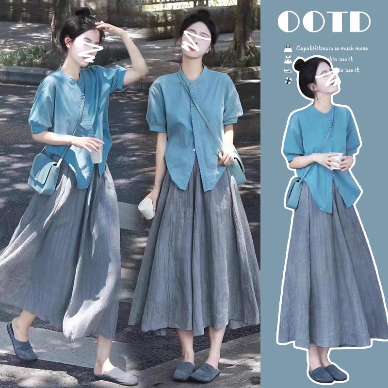 Maternity Summer 2026 Korean Style Short Sleeve Top & Skirt Set L